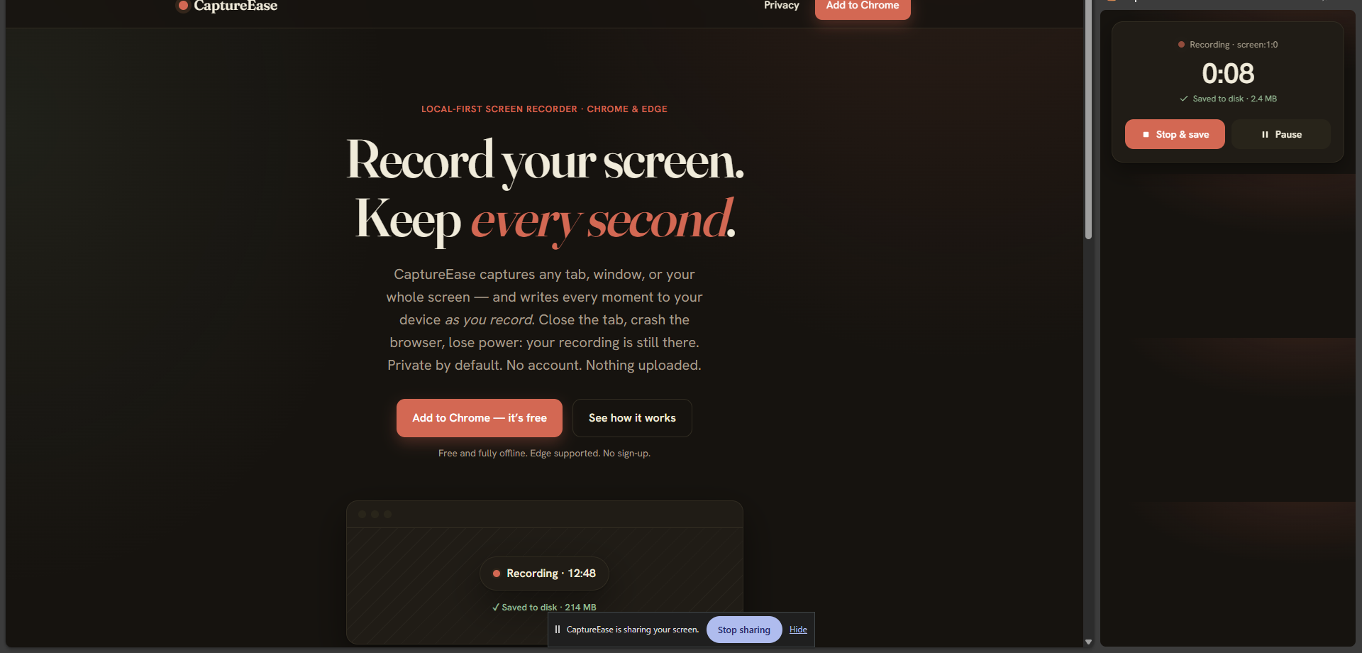 CaptureEase recording a browser tab, with the live recorder panel showing time and bytes saved