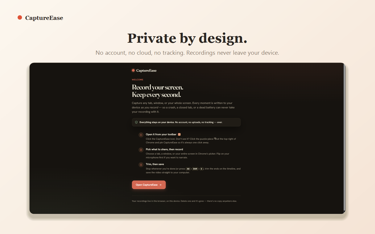 The welcome screen — private by design, nothing uploaded